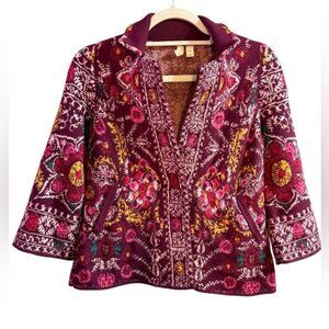 Anthropologie Moth Red Multi Payton Jacquard Sweater Jacket Size XXS